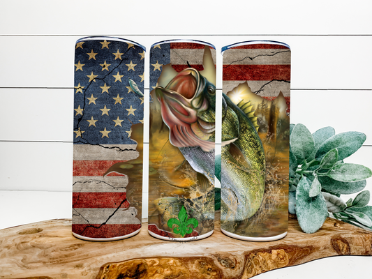 Fishing American Flag Tumbler, 20 Oz. Insulated Tumbler with Lid and Straw