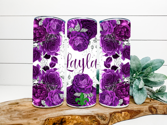 Purple Flowers Personalized Name Tumbler Light Background, 20 Oz. Insulated Tumbler with Lid and Straw