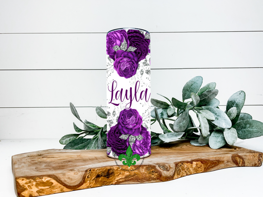 Purple Flowers Personalized Name Tumbler Light Background, 20 Oz. Insulated Tumbler with Lid and Straw