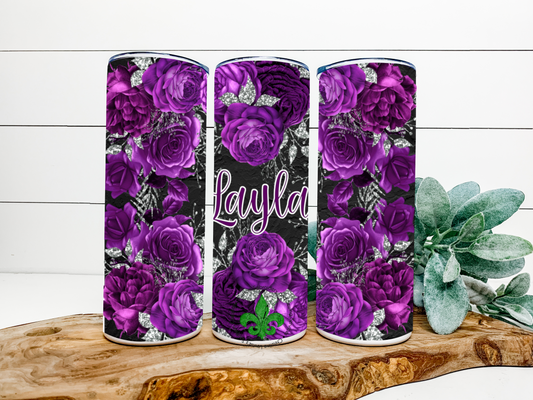 Purple Flowers Personalized Name Tumbler Dark Background, 20 Oz. Insulated Tumbler with Lid and Straw