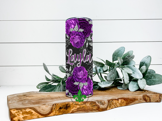 Purple Flowers Personalized Name Tumbler Dark Background, 20 Oz. Insulated Tumbler with Lid and Straw