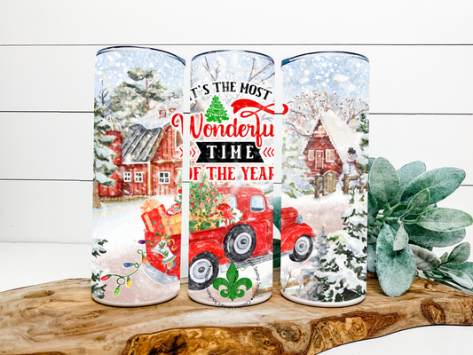 The Most Wonderful Time of The Year Christmas Tumbler, 20 Oz. Insulated Tumbler with Lid and Straw